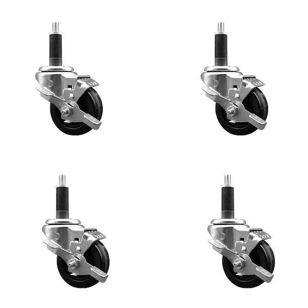3'' Phenolic Swivel 1'' Expanding Stem Caster Set with Brake, 4PK